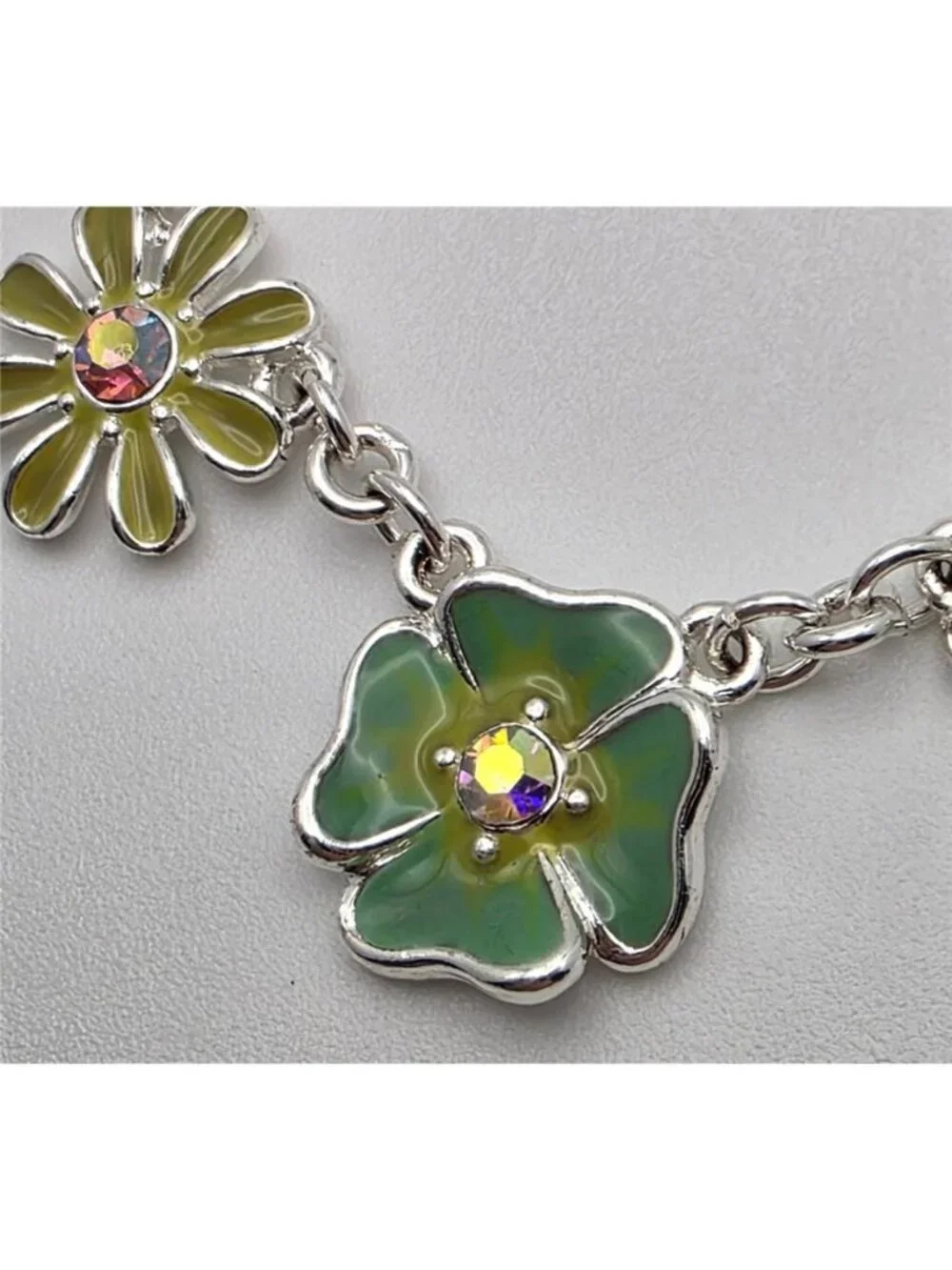 Avon Multicolor Enamel Flower Link Necklace AB Crystal Silver Tone 18.5